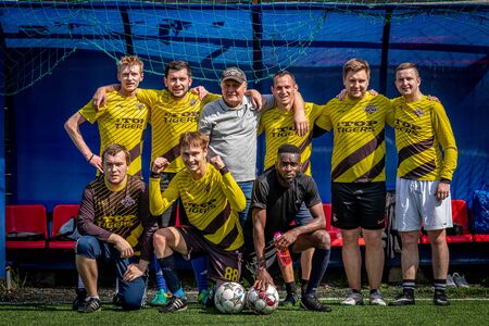 MOSCOW, RUSSIA - AUGUST 24, 2019: Soccer players in game. Amateur league in Russia.のeditorial素材