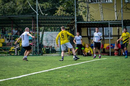 MOSCOW, RUSSIA - AUGUST 24, 2019: Soccer players in game. Amateur league in Russia.のeditorial素材
