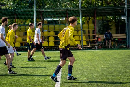 MOSCOW, RUSSIA - AUGUST 24, 2019: Soccer players in game. Amateur league in Russia.のeditorial素材