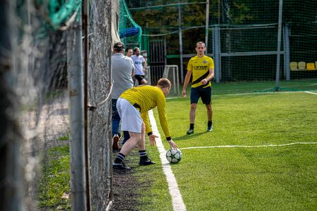 MOSCOW, RUSSIA - AUGUST 24, 2019: Soccer players in game. Amateur league in Russia.のeditorial素材