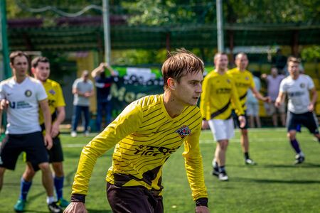 MOSCOW, RUSSIA - AUGUST 24, 2019: Soccer players in game. Amateur league in Moscow.のeditorial素材