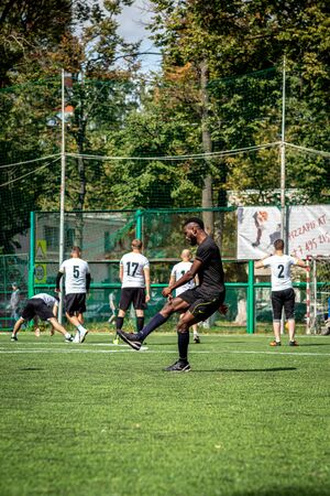 MOSCOW, RUSSIA - AUGUST 24, 2019: Soccer players in game. Amateur league in Moscow.のeditorial素材