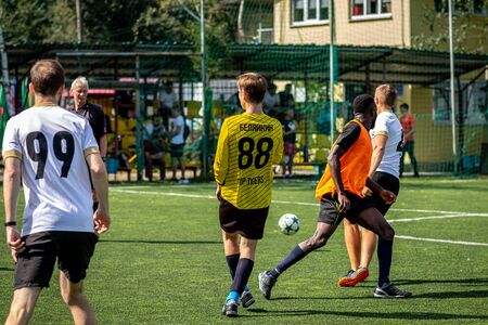 MOSCOW, RUSSIA - AUGUST 24, 2019: Soccer players in game. Amateur league in Moscow.のeditorial素材