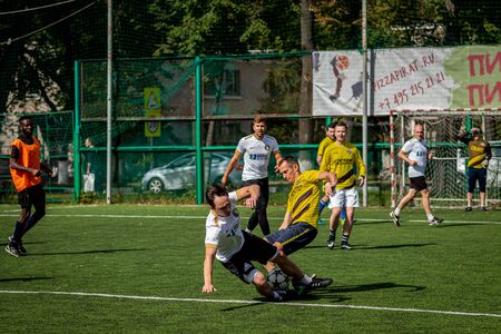 MOSCOW, RUSSIA - AUGUST 24, 2019: Soccer players in game. Amateur league in Moscow.のeditorial素材