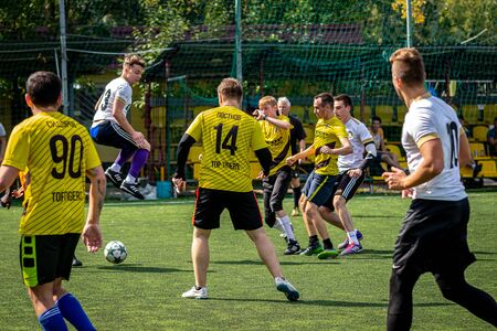 MOSCOW, RUSSIA - AUGUST 24, 2019: Soccer players in game. Amateur league in Moscow.のeditorial素材