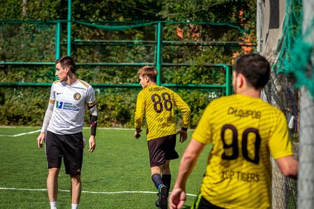 MOSCOW, RUSSIA - AUGUST 24, 2019: Soccer players in game. Amateur league in Moscow.のeditorial素材