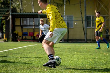 MOSCOW, RUSSIA - AUGUST 24, 2019: Soccer players in game. Amateur league in Moscow.のeditorial素材