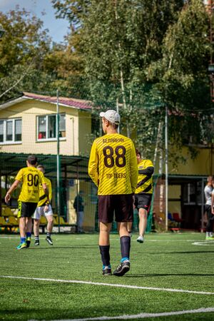 MOSCOW, RUSSIA - AUGUST 24, 2019: Soccer players in game. Amateur league in Moscow.のeditorial素材
