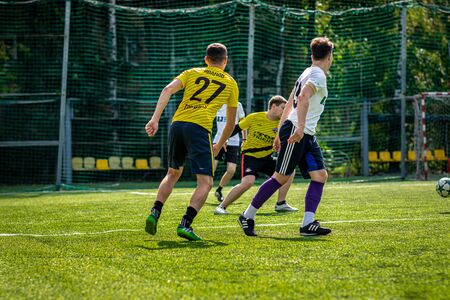 MOSCOW, RUSSIA - AUGUST 24, 2019: Soccer players in game. Amateur league in Moscow.のeditorial素材