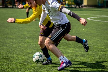 MOSCOW, RUSSIA - AUGUST 24, 2019: Soccer players in game. Amateur league in Moscow.のeditorial素材