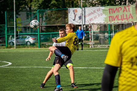 MOSCOW, RUSSIA - AUGUST 24, 2019: Soccer players in game. Amateur league in Moscow.のeditorial素材