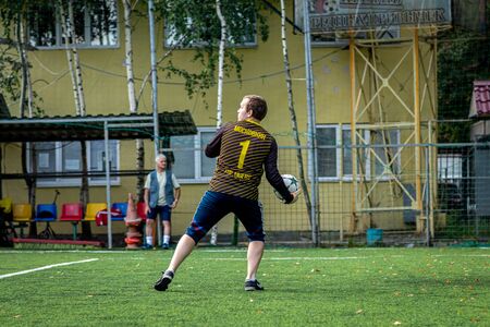 MOSCOW, RUSSIA - AUGUST 24, 2019: Soccer players in game. Amateur league in Moscow.のeditorial素材