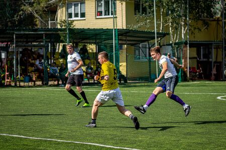 MOSCOW, RUSSIA - AUGUST 24, 2019: Soccer players in game. Amateur league in Moscow.のeditorial素材