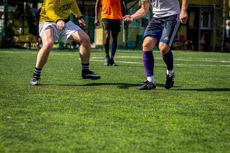 MOSCOW, RUSSIA - AUGUST 24, 2019: Soccer players in game. Amateur league in Moscow.