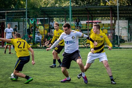 MOSCOW, RUSSIA - AUGUST 24, 2019: Soccer players in game. Amateur league in Moscow.のeditorial素材