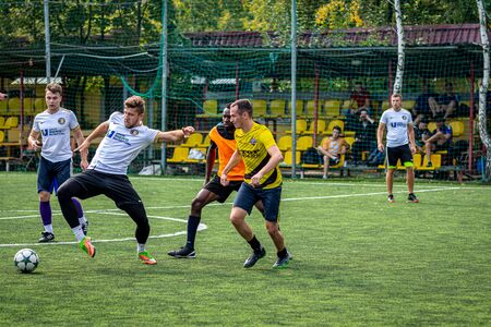 MOSCOW, RUSSIA - AUGUST 24, 2019: Soccer players in game. Amateur league in Moscow.のeditorial素材