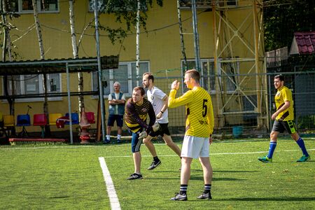 MOSCOW, RUSSIA - AUGUST 24, 2019: Soccer players in game. Amateur league in Moscow.のeditorial素材