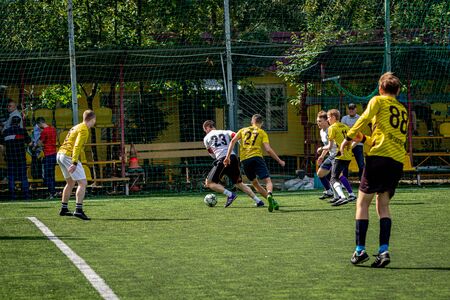 MOSCOW, RUSSIA - AUGUST 24, 2019: Soccer players in game. Amateur league in Moscow.のeditorial素材