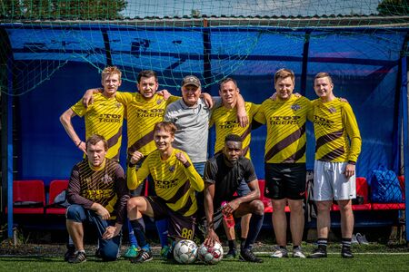 MOSCOW, RUSSIA - AUGUST 24, 2019: Soccer players in game. Amateur league in Moscow.のeditorial素材