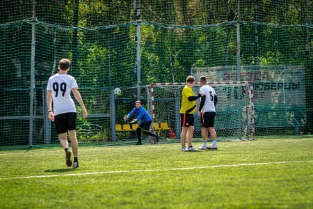MOSCOW, RUSSIA - AUGUST 24, 2019: Soccer players in game. Amateur league in Moscow.のeditorial素材