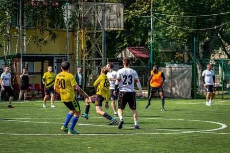 MOSCOW, RUSSIA - AUGUST 24, 2019: Soccer players in game. Amateur league in Moscow.のeditorial素材