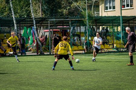 MOSCOW, RUSSIA - AUGUST 24, 2019: Soccer players in game. Amateur league in Moscow.のeditorial素材