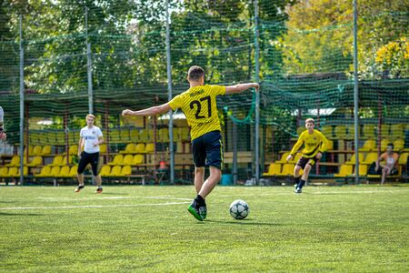 MOSCOW, RUSSIA - AUGUST 24, 2019: Soccer players in game. Amateur league in Moscow.のeditorial素材