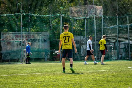 MOSCOW, RUSSIA - AUGUST 24, 2019: Soccer players in game. Amateur league in Moscow.のeditorial素材