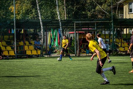 MOSCOW, RUSSIA - AUGUST 24, 2019: Soccer players in game. Amateur league in Moscow.のeditorial素材