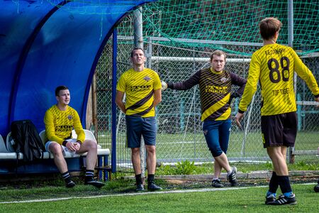 MOSCOW, RUSSIA - AUGUST 24, 2019: Soccer players in game. Amateur league in Moscow.のeditorial素材