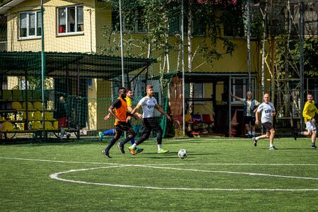 MOSCOW, RUSSIA - AUGUST 24, 2019: Soccer players in game. Amateur league in Moscow.のeditorial素材