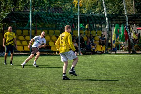 MOSCOW, RUSSIA - AUGUST 24, 2019: Soccer players in game. Amateur league in Moscow.のeditorial素材