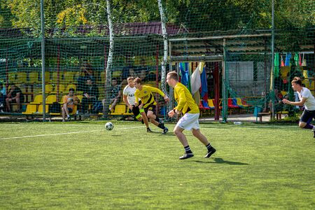MOSCOW, RUSSIA - AUGUST 24, 2019: Soccer players in game. Amateur league in Moscow.のeditorial素材