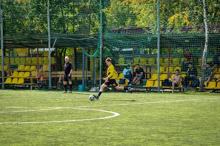 MOSCOW, RUSSIA - AUGUST 24, 2019: Soccer players in game. Amateur league in Moscow.のeditorial素材