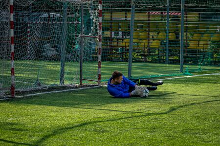 MOSCOW, RUSSIA - AUGUST 24, 2019: Soccer players in game. Amateur league in Moscow.のeditorial素材