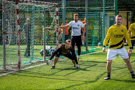 MOSCOW, RUSSIA - AUGUST 24, 2019: Soccer players in game. Amateur league in Moscow.のeditorial素材