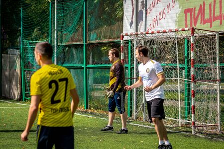 MOSCOW, RUSSIA - AUGUST 24, 2019: Soccer players in game. Amateur league in Moscow.のeditorial素材