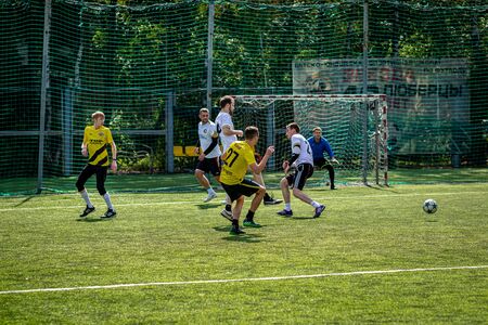 MOSCOW, RUSSIA - AUGUST 24, 2019: Soccer players in game. Amateur league in Moscow.のeditorial素材