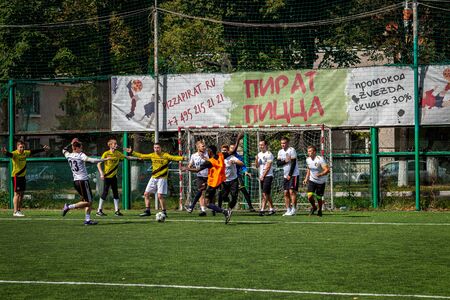 MOSCOW, RUSSIA - AUGUST 24, 2019: Soccer players in game. Amateur league in Moscow.のeditorial素材