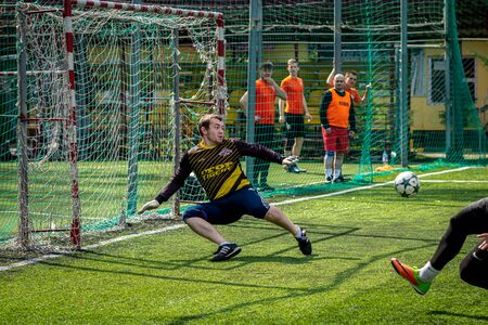 MOSCOW, RUSSIA - AUGUST 24, 2019: Soccer players in game. Amateur league in Moscow.のeditorial素材
