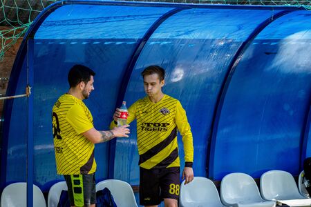 MOSCOW, RUSSIA - AUGUST 24, 2019: Soccer players in game. Amateur league in Moscow.のeditorial素材