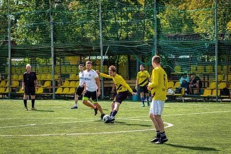 MOSCOW, RUSSIA - AUGUST 24, 2019: Soccer players in game. Amateur league in Moscow.のeditorial素材