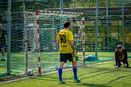 MOSCOW, RUSSIA - AUGUST 24, 2019: Soccer players in game. Amateur league in Moscow.のeditorial素材