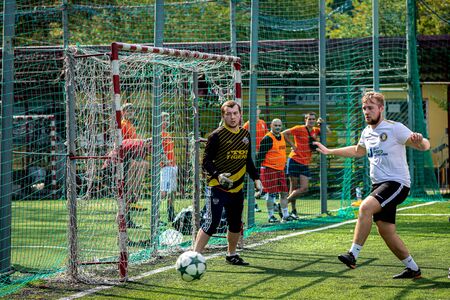 MOSCOW, RUSSIA - AUGUST 24, 2019: Soccer players in game. Amateur league in Moscow.のeditorial素材