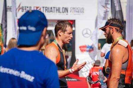MOSCOW, RUSSIA - AUGUST 25, 2019: Finish line on Ironstar Crocus Fitness Triathlon 2019. Athlete, ironman, triathlon.のeditorial素材