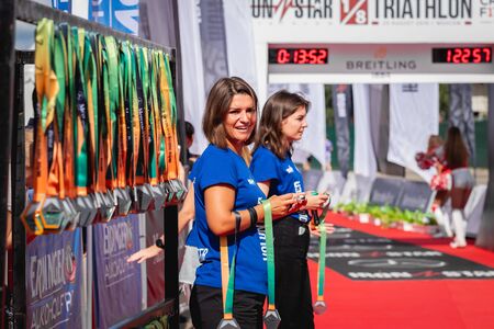 MOSCOW, RUSSIA - AUGUST 25, 2019: Finish line on Ironstar Crocus Fitness Triathlon 2019. Athlete, ironman, triathlon.のeditorial素材
