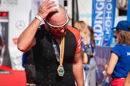 MOSCOW, RUSSIA - AUGUST 25, 2019: Finish line on Ironstar Crocus Fitness Triathlon 2019.のeditorial素材