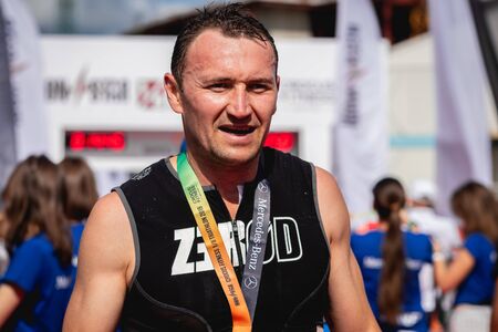MOSCOW, RUSSIA - AUGUST 25, 2019: Finish line on Ironstar Crocus Fitness Triathlon 2019.のeditorial素材