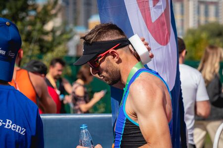 MOSCOW, RUSSIA - AUGUST 25, 2019: Finish line on Ironstar Crocus Fitness Triathlon 2019.のeditorial素材