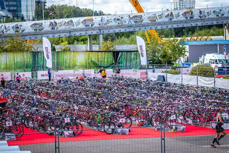 MOSCOW, RUSSIA - AUGUST 25, 2019: Bicycle parking on IRONSTAR CROCUS FITNESS TRIATHLON 2019.のeditorial素材